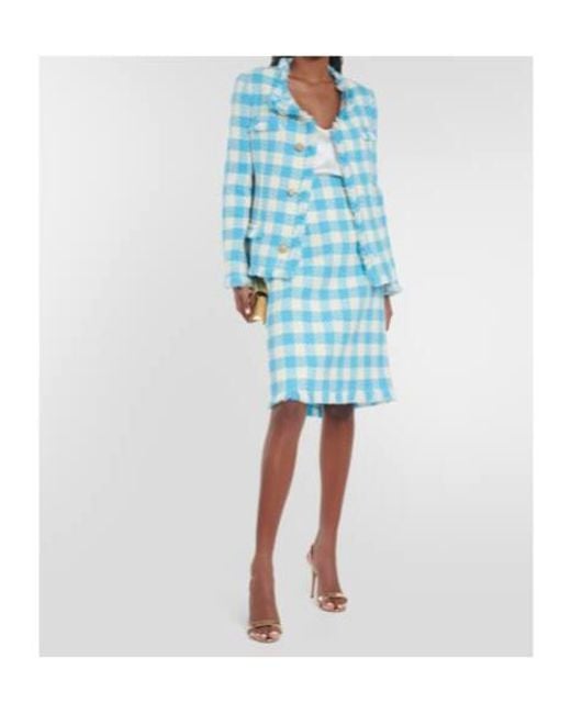 Oscar de la Renta Blue Checked Wool Midi Skirt