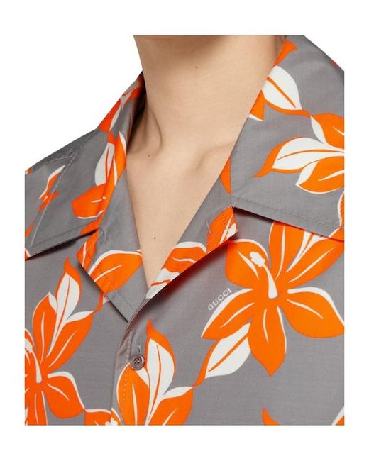 Gucci Orange Printed Short-Sleeve Poplin Shirt for men
