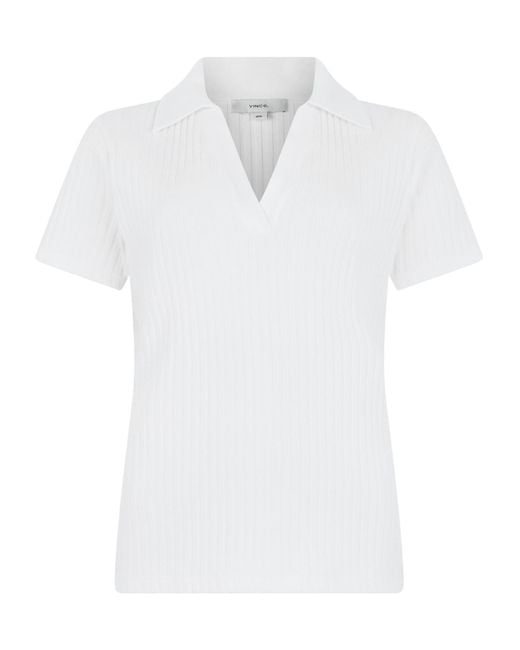 Vince White Ribbed Knit Polo Top