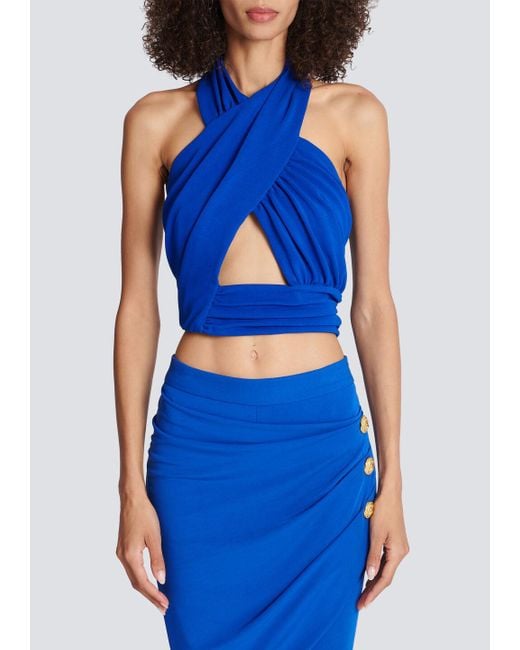 Balmain Blue Ruched Halter Neck Crossover Top