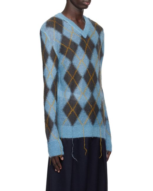 Marni Blue Geometric Patterned V-Neck Knitted Jumper for men