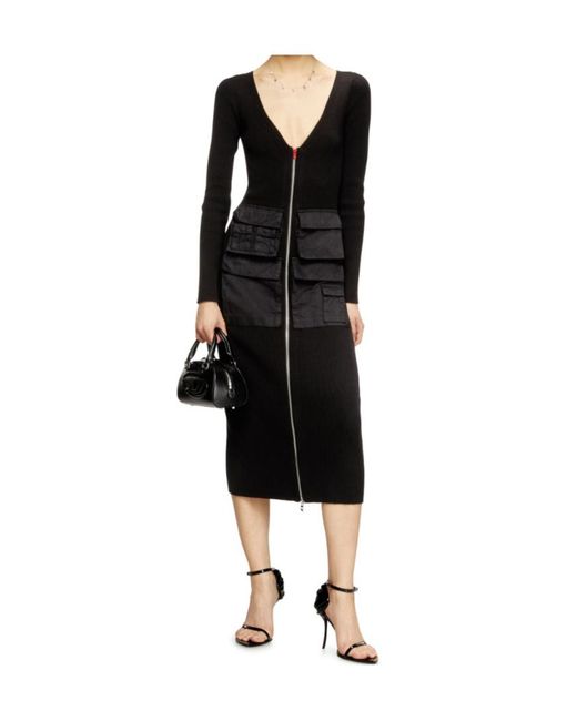 DIESEL Black Ribbed Zip-Front Pocketed Day Dress
