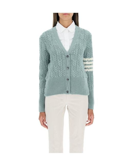 Thom Browne Blue 4-Bar Pointelle-Knit V-Neck Cardigan