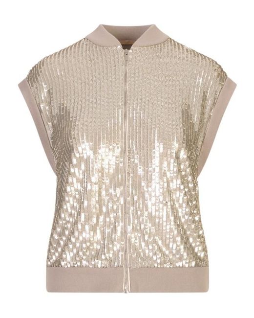 Peserico White Sequin Embellished Zip-Up Jacket