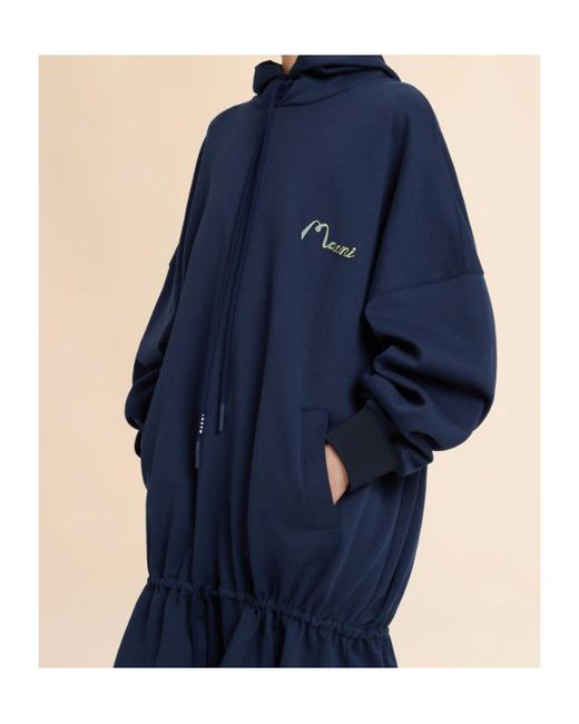 Marni Blue Drawstring Ruffled Hooded Sweatshirt Dress