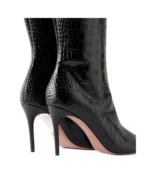 Paris Texas Black Croc-Effect Leather Knee Boots