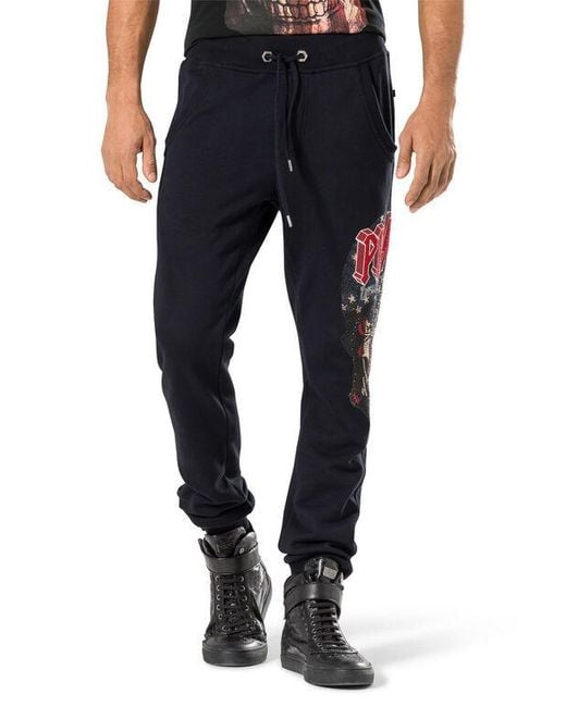Philipp Plein Blue Crystal Decorated Sweatpants for men