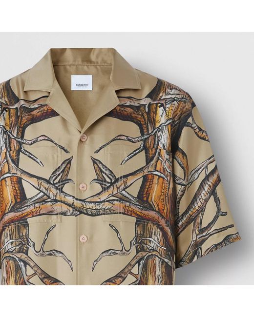Burberry Natural Elm Print Short Sleeve Silk Shirt for men