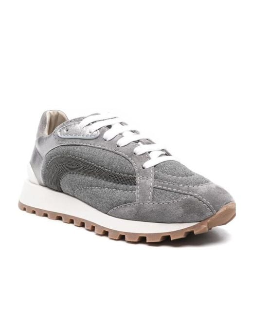 Brunello Cucinelli Gray Monili Embellished Low-Top Sneakers