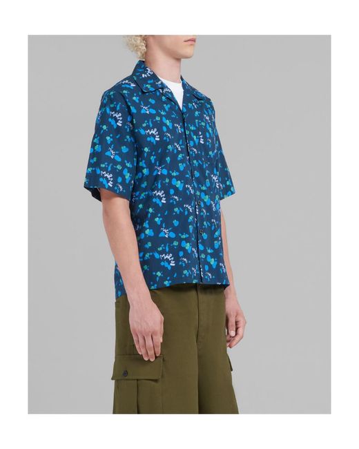 Marni Blue Allover Ink Print Cotton Sport Shirt for men