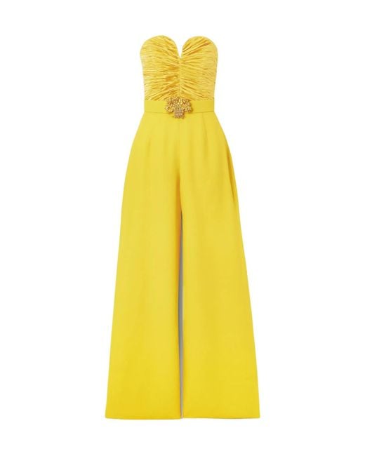 Andrew Gn Yellow Strapless Embellished Ruched Plissé-Satin And Crepe Jumpsuit