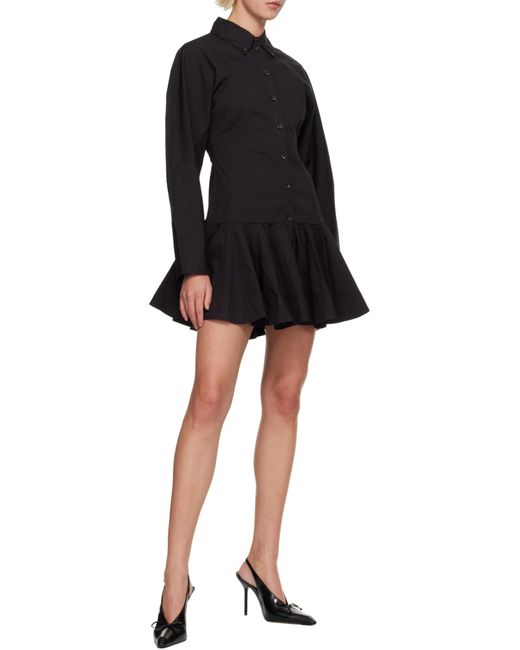 Ganni Black Ruffled Hem Detailed Mini Shirt Dress