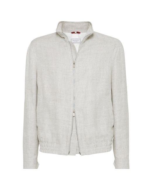 Brunello Cucinelli White Zipped Bomber Jacket for men