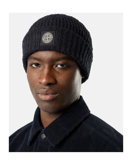 Stone Island Black Ribbed Knit Beanie With Compass Logo Patch for men