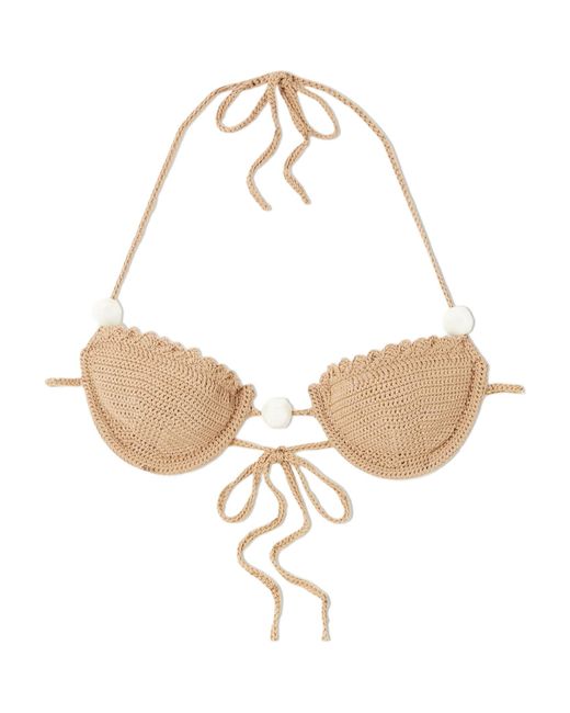 Magda Butrym White Crocheted Bikini Top With Artificial Pearls