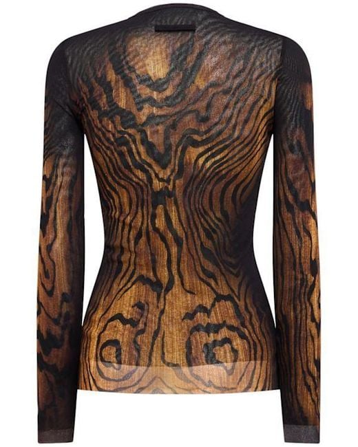 Jean Paul Gaultier Brown Wood Grain Print Mesh Long-Sleeved Top