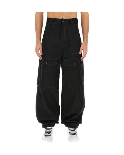 MSGM Black Contrasting-Stitch Logo-Patch Cargo Trousers for men