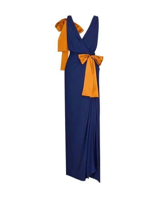 Saint Laurent Blue Draped Bow Detailed Maxi Dress