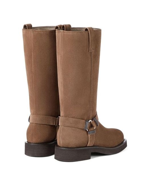 Brunello Cucinelli Brown Suede Biker Boots With Shiny Loops