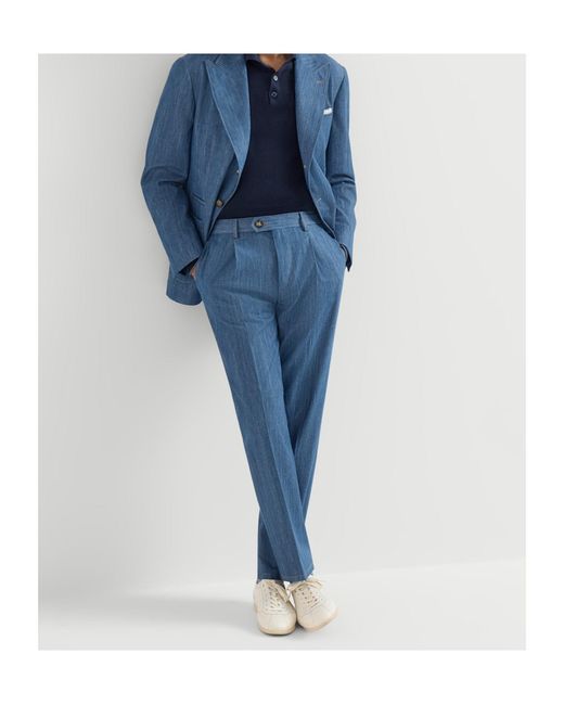 Brunello Cucinelli Blue Pleated-Design Trousers for men