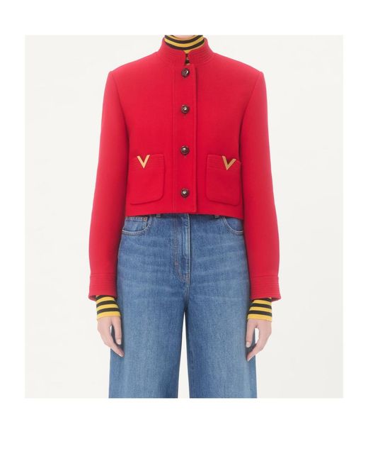 Valentino Red Drill Double Logo Plaque Button-Up Jacket
