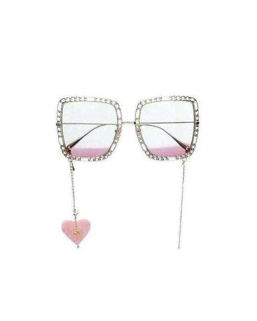 Gucci White Eyewear Chain Embellished Rectangular Frame Sunglasses