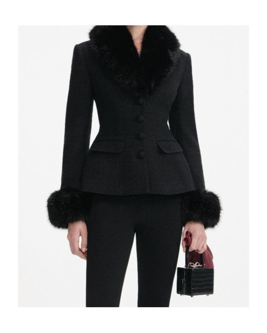 Self-Portrait Black Tailored Boucle Fur Jacket