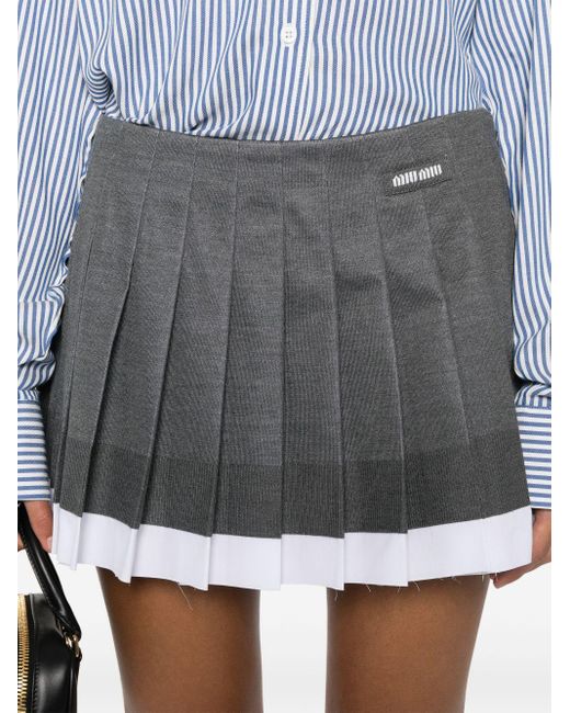 Miu Miu Gray Logo-Patch Pleated Knitted Mini Skirt