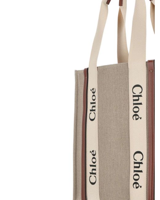 Chloé Natural Chloé Woody Logo Embroidered Tote Bag
