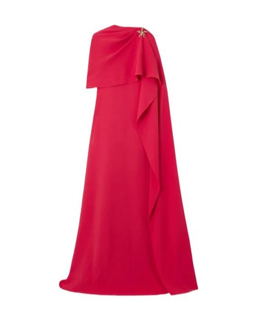 Oscar de la Renta Red Embellished Cape-effect Silk-blend Crepe Gown