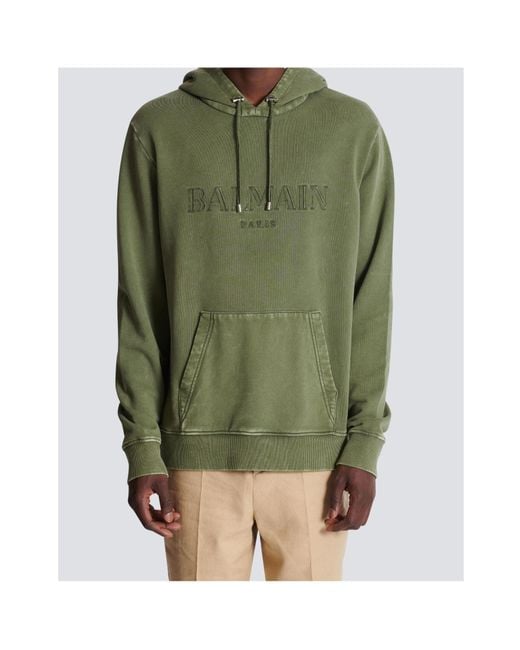 Balmain Green Logo Embroidered Vintage Drawstring Hoodie for men