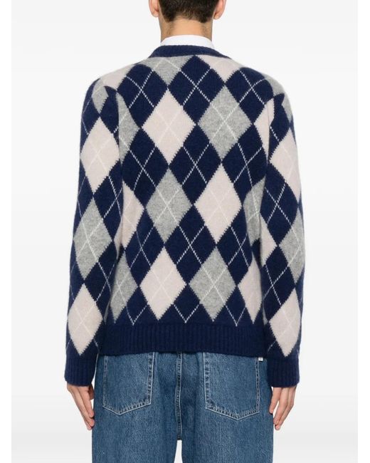 Eleventy Blue Long-Sleeve Argyle-Knit Sweater for men