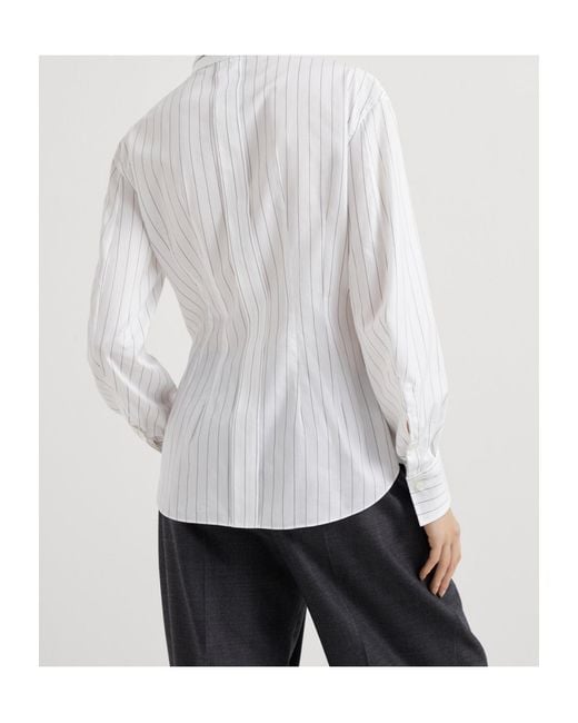 Brunello Cucinelli White Striped Collared Long-Sleeve Shirt