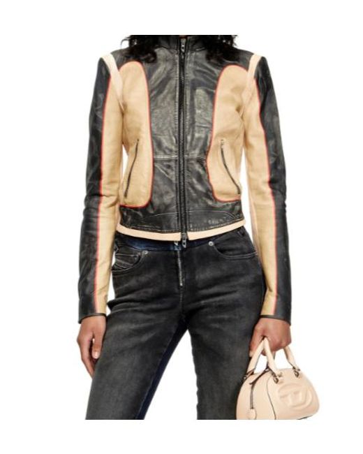 DIESEL Black Leather Jacket With Panel Design Loonie
