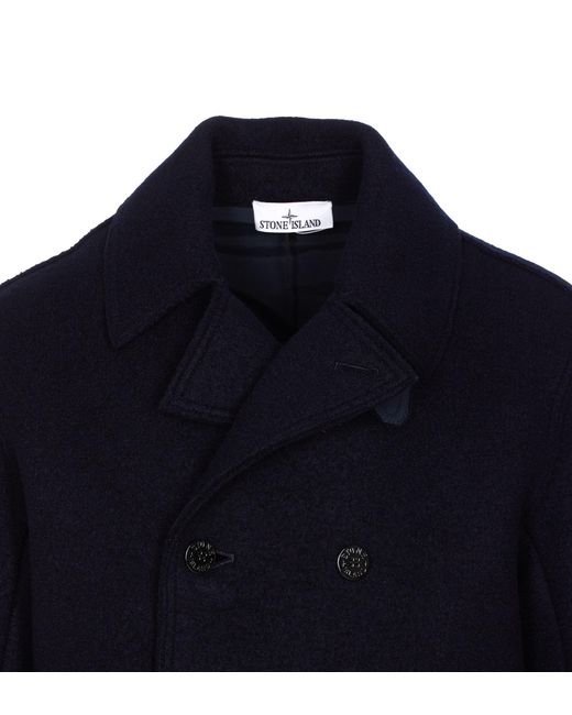 Stone Island Blue Logo Patch Double-Breasted Coat for men