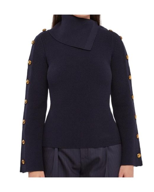 Elisabetta Franchi Blue Button-Embellished Ribbed-Knit Sweater