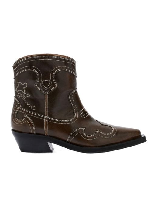Ganni Brown Low Shaft Embroidered Western Boots