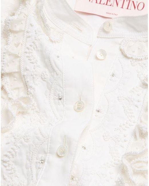 Valentino White Embroidered Frilled Curved Hem Blouse