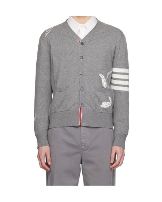 Thom Browne Gray Feather Intarsia-Bar Cardigan for men