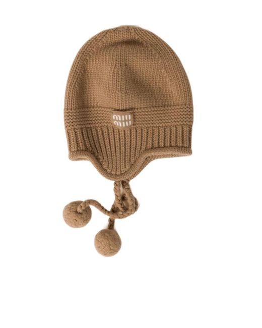 Miu Miu Brown Logo-Patch Beanie