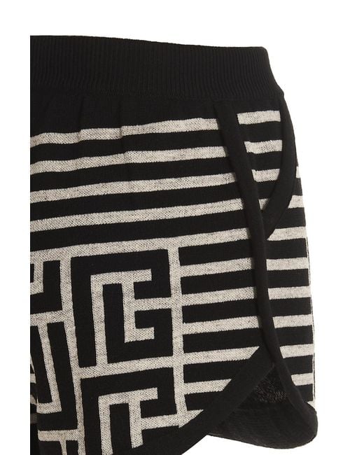 Balmain Black Monogram-Jacquard Wool Shorts