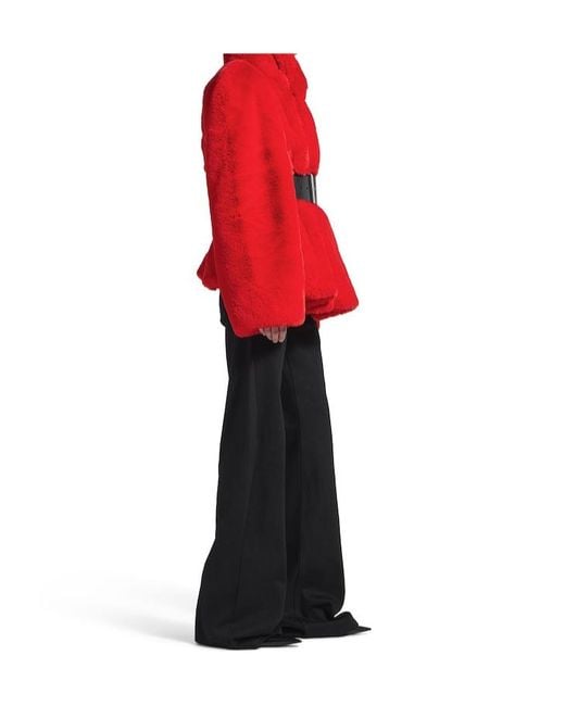 Balenciaga Red Belted Faux Fur Coat