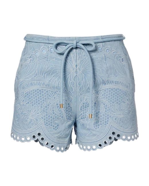 Zimmermann Blue Daylight Floral Embroidered Cotton Shorts
