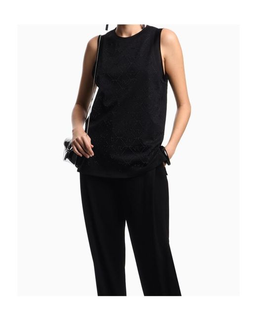 Emporio Armani Black Mercerised Tank Top With Rhinestones