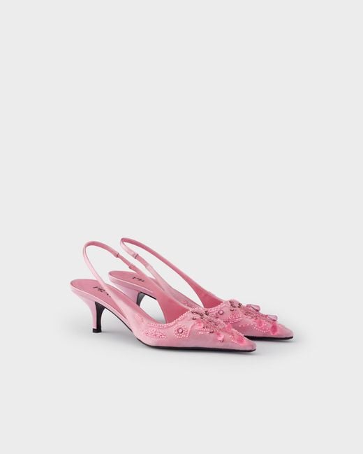 Prada Pink Embroidered Satin Slingback Pumps