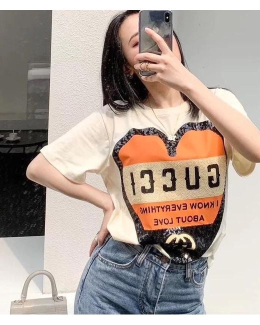 Gucci White Printed Round Collar T-Shirt