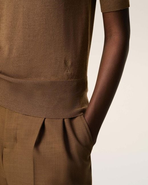 AMI Brown Short-Sleeve Knitted Polo Shirt