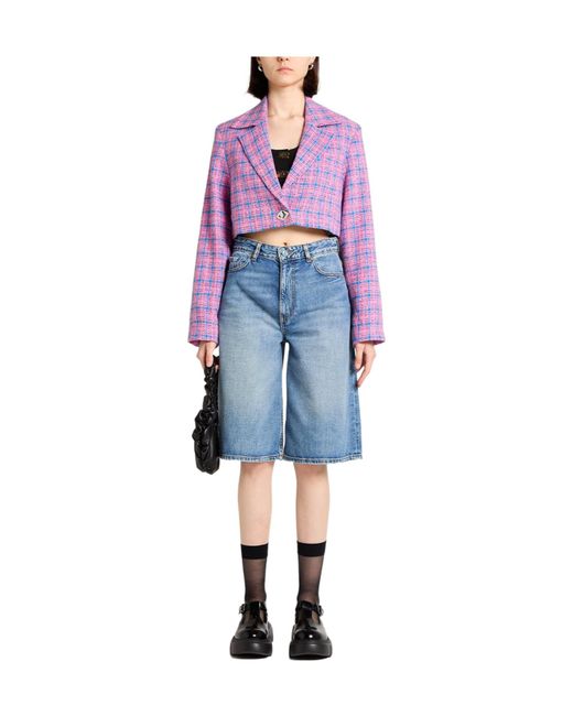 Ganni Purple Plaid Single-Breasted Blazer