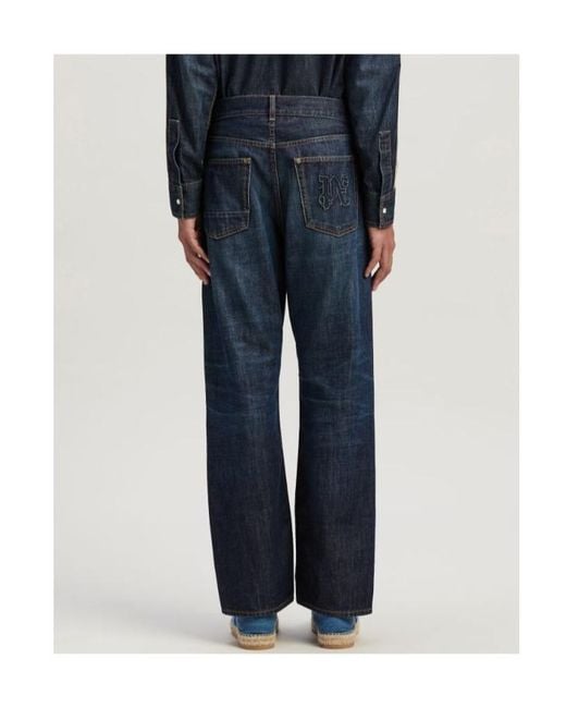 Palm Angels Blue Monogram-Embroidered High Waist Jeans for men
