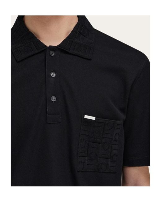 Ferragamo Black V-Neck Polo With Jacquard Pocket Detail for men